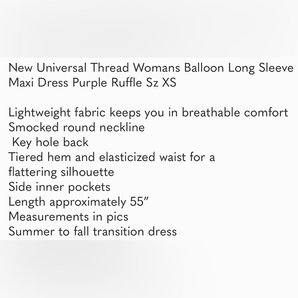New Universal Thread Womans Balloon Long Sleeve Maxi Dress Purple Ruffle Sz XS - Picture 2 of 5